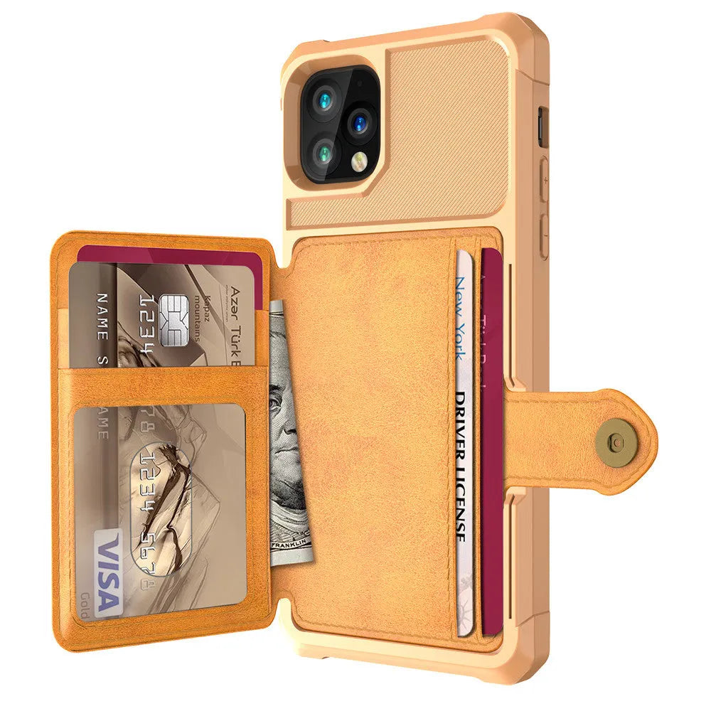 Imitation leather iPhone case with a rear card wallet pocket, shown in black, blue, green, pink, and red colours.