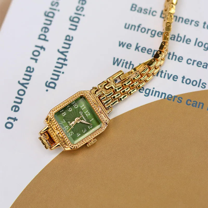 Women's square copper strip watch with green dial and gold strap, 7mm thick, Chinese style
