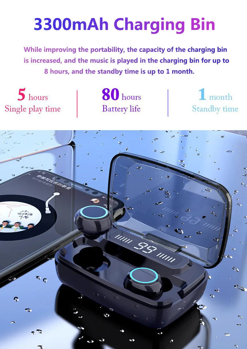 Black M11 Bluetooth wireless headset with charging case and built-in mobile phone holder