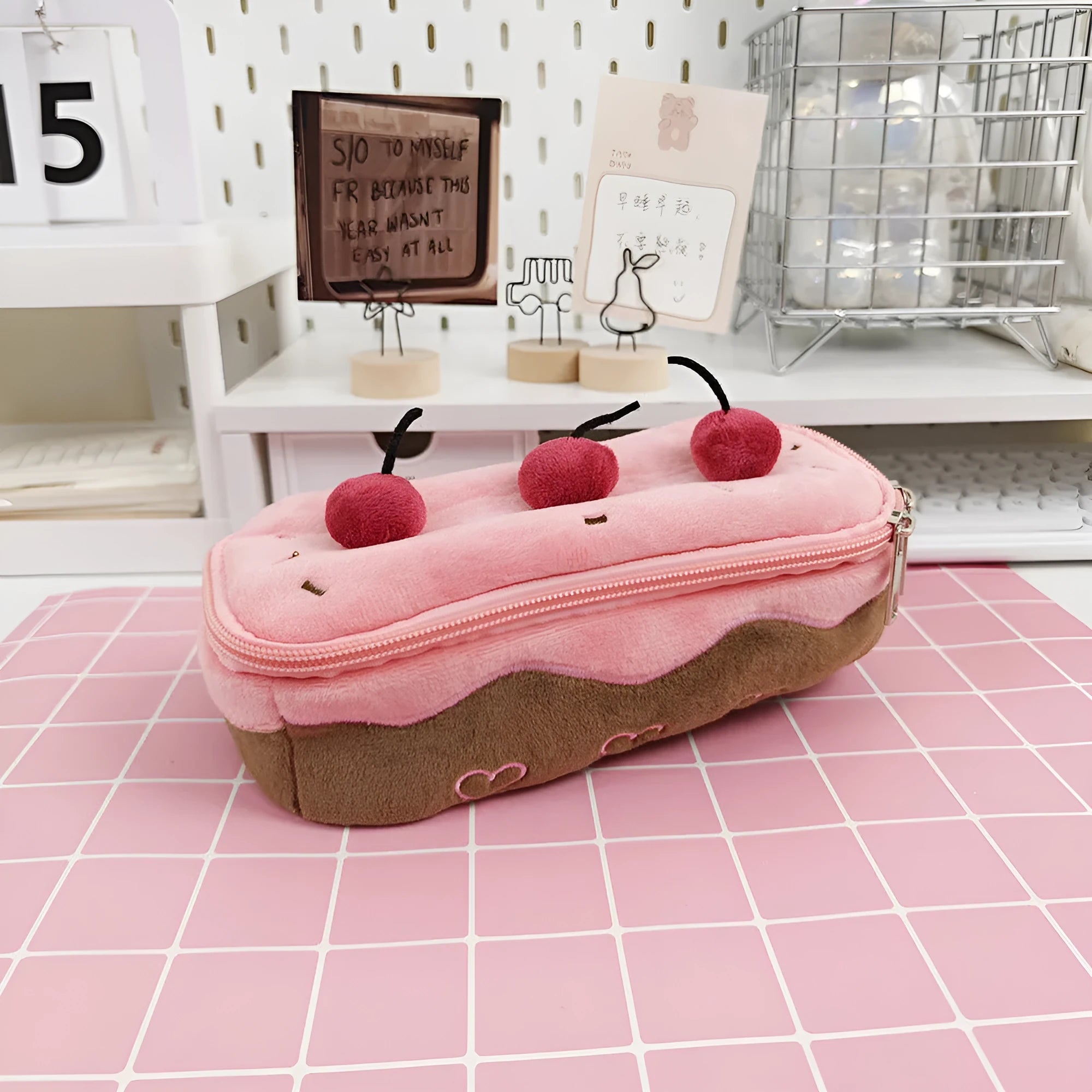 Cherry Cake plush design velvet pencil case in Korean style