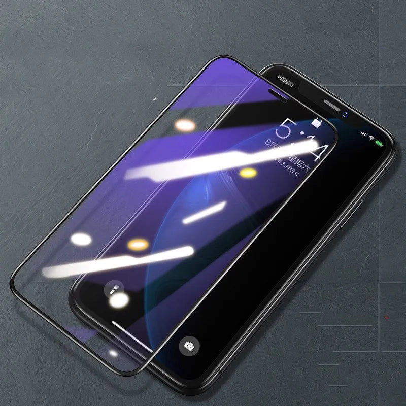 Tempered glass screen protector for iPhone models 11, X, XS, showing anti-fingerprint and HD features.