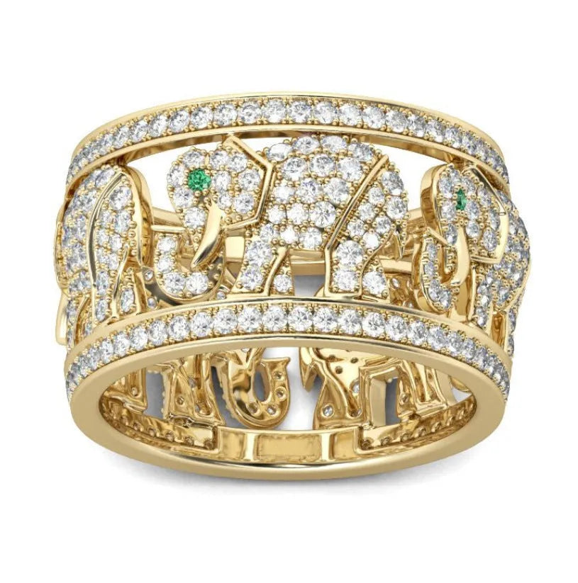 Alloy elephant ring with full diamond detailing showing elephant motif and electroplated finish