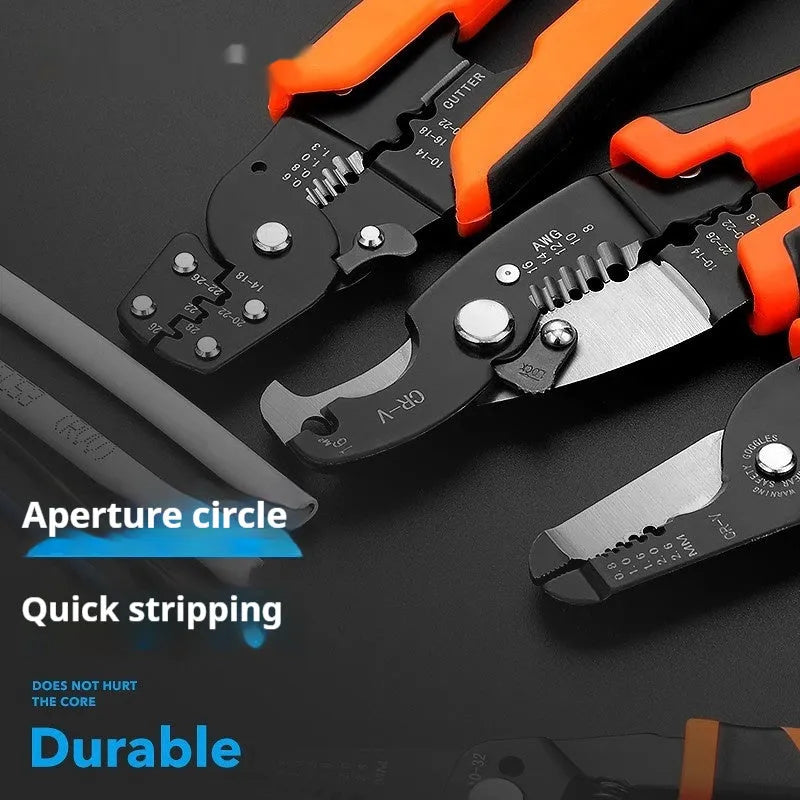 Fully automatic wire stripping pliers tool with high carbon steel blades on a white background.