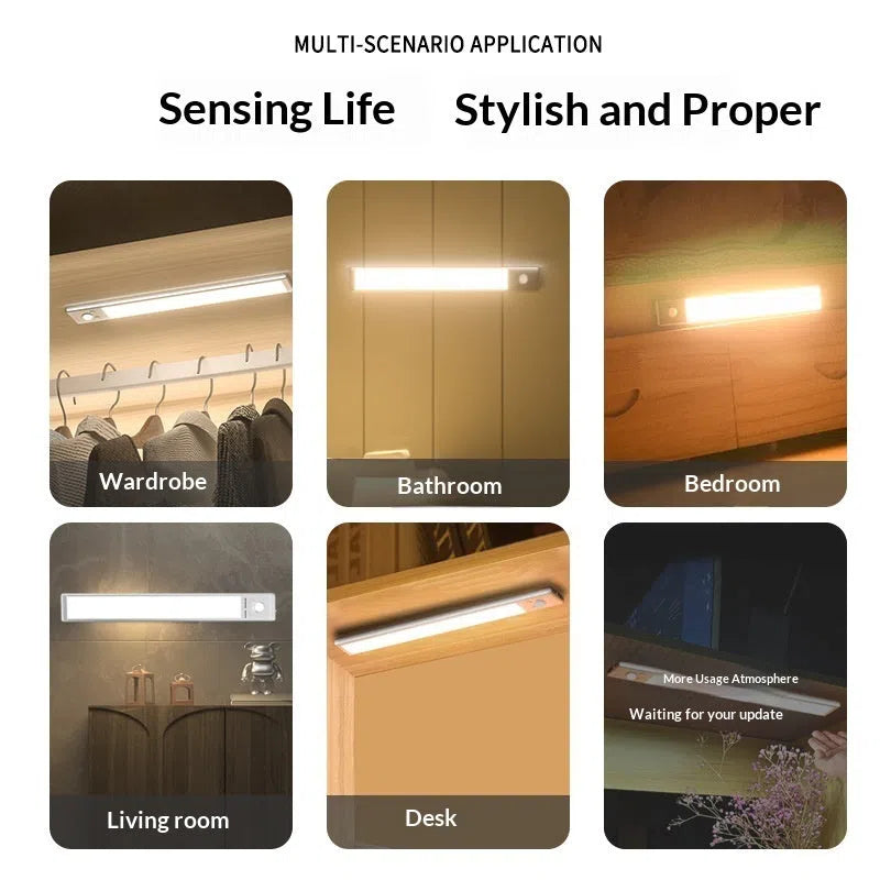 White plastic LED induction cabinet light with sensor, 24cm, rechargeable battery, no-drilling mount