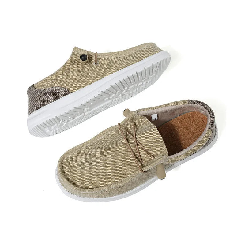 Men's green and orange canvas casual shoes with colourful mosaic panelling and rubber soles