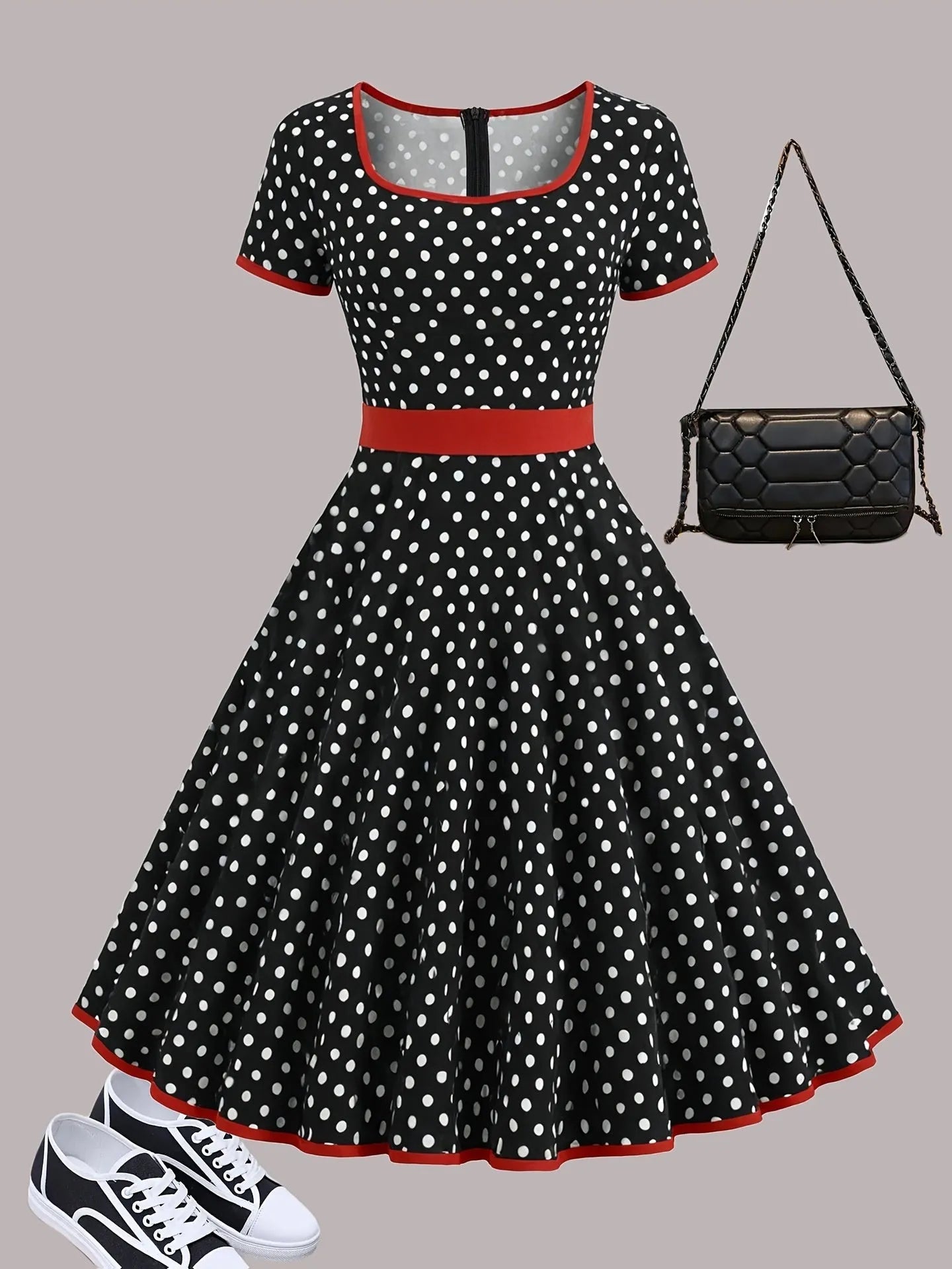 Multicolour polka dot dress with a square collar, short sleeves, front zipper, and pleated skirt.