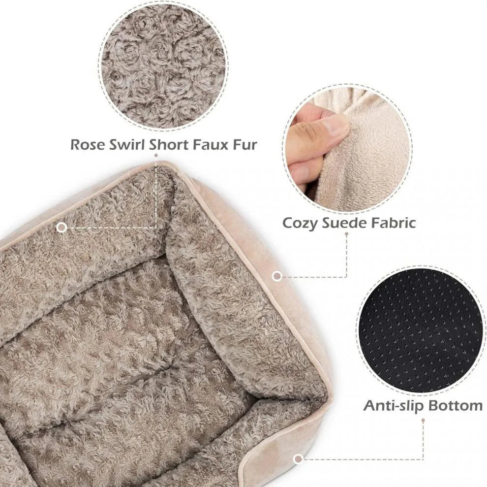 Beige stuffed kennel dog bed for a large Golden Retriever, showing soft nest design.