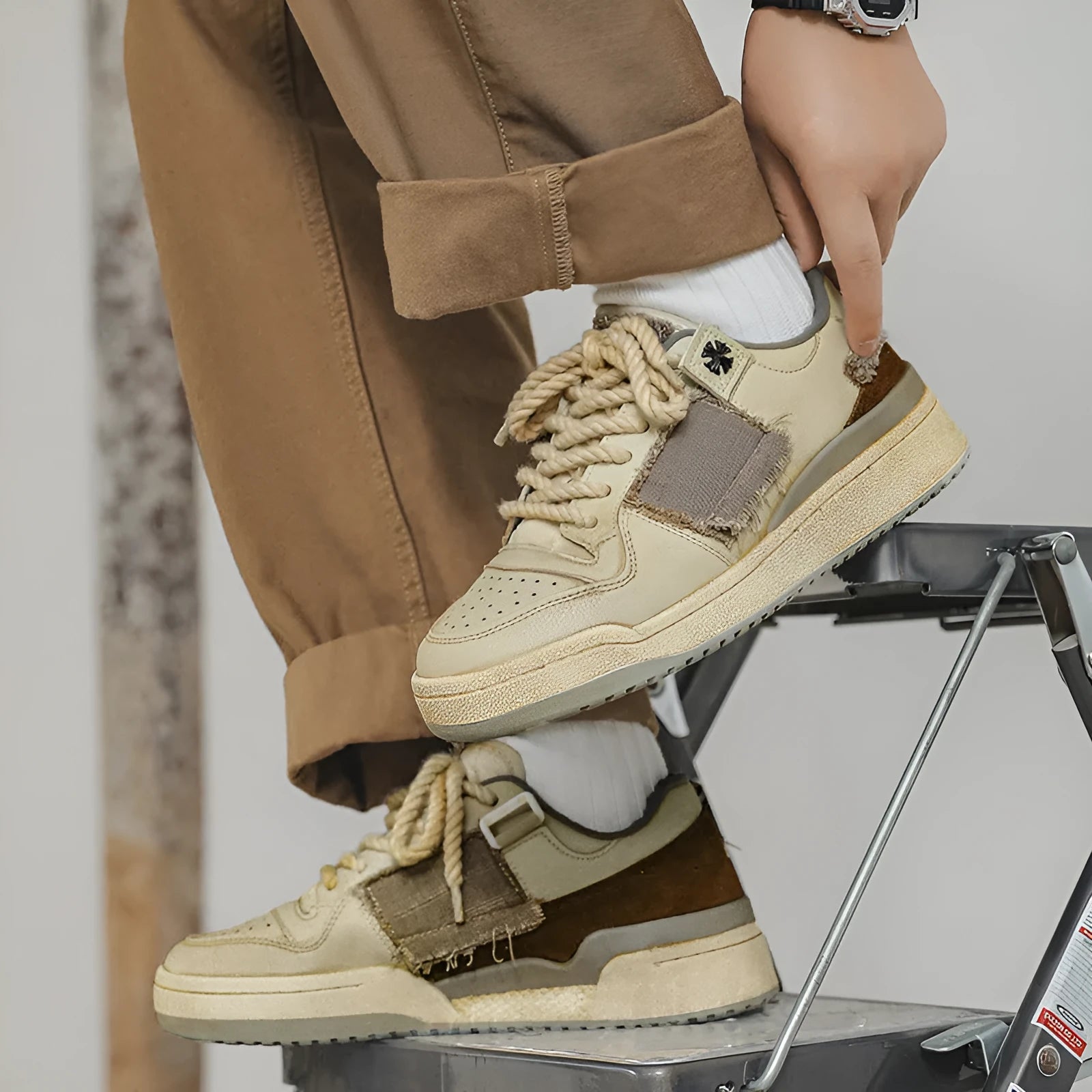 Beige low-top vintage skateboard shoes with round toe and rubber sole on a white background