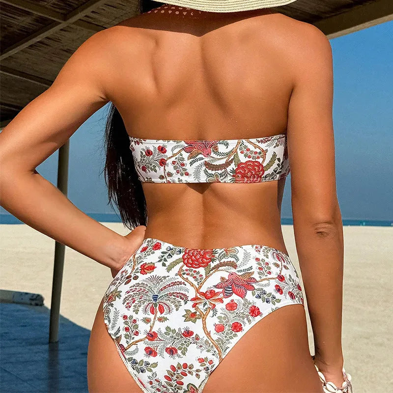 Women's printed bandeau swimsuit top with matching shorts for swimming.