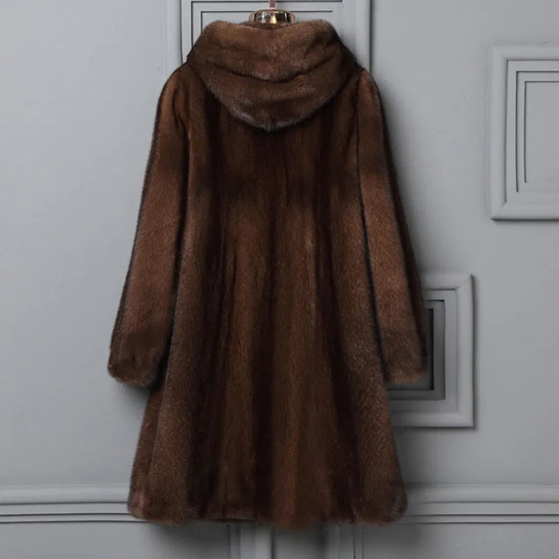 Women's black faux fur hooded casual coat for autumn and winter street fashion.