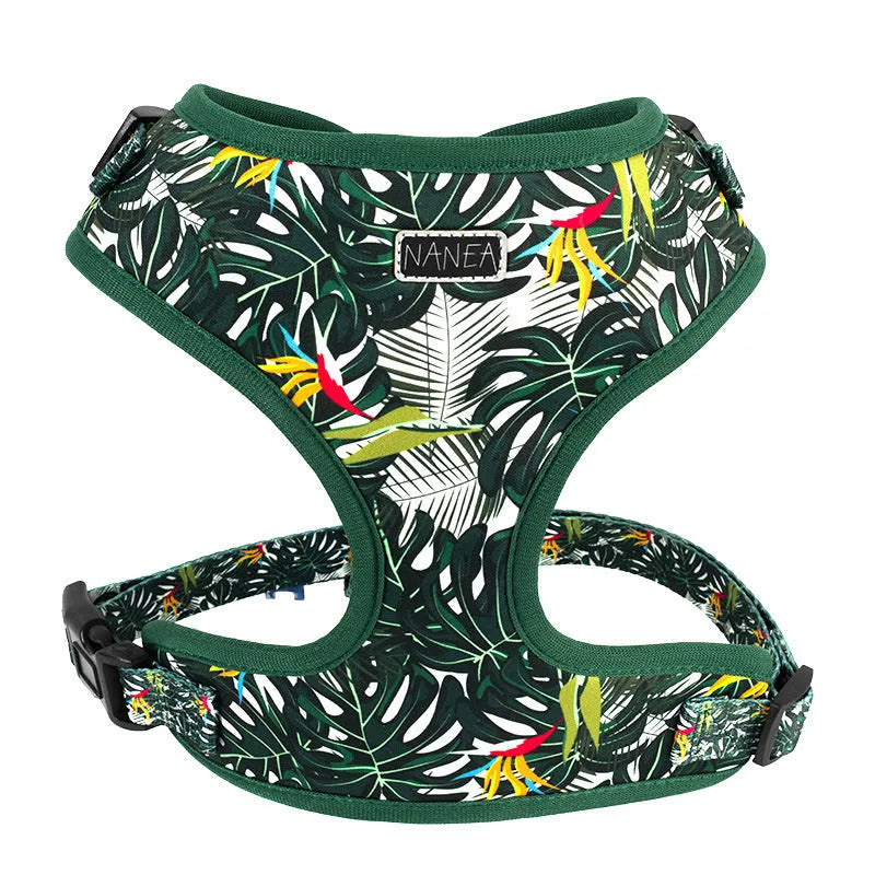 Six-piece adjustable cloth dog harness set with lead, collar, waste bag, bow, and scarf.