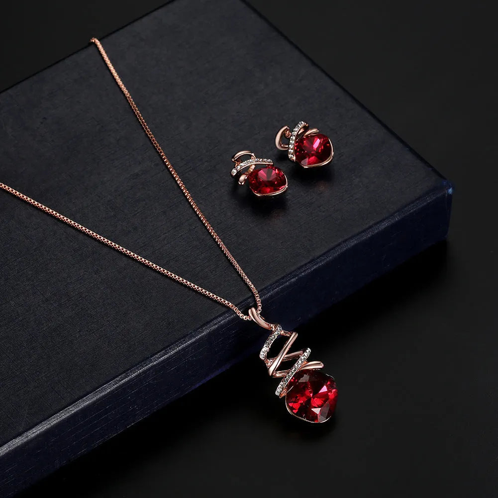 Women's alloy necklace and earring set with diamond-look finish on an adjustable water wave chain.