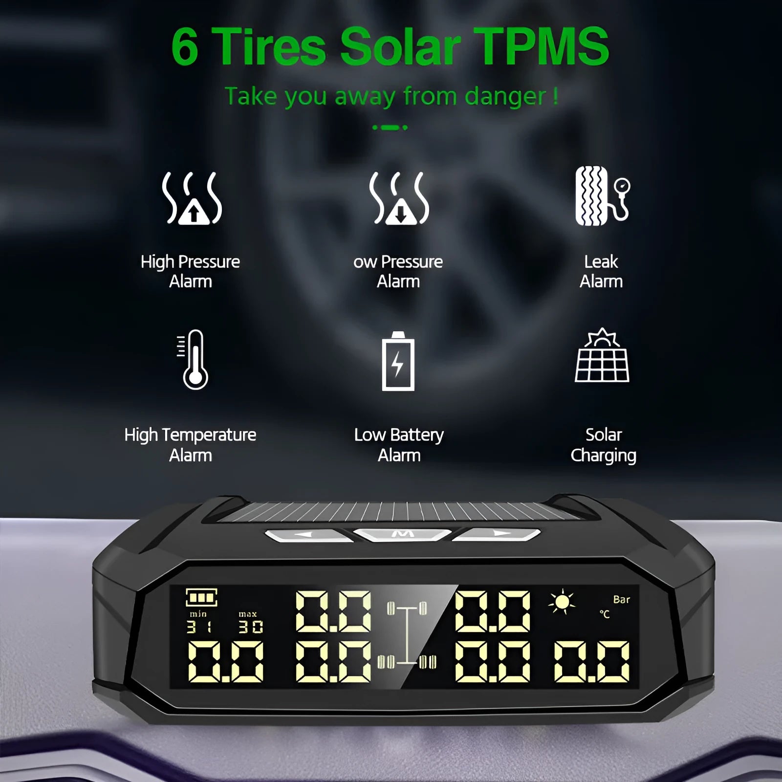 Solar-powered external tyre pressure monitoring system with a colour LCD display unit and six sensors for RVs and trucks.
