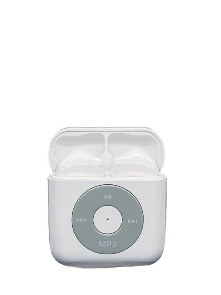 White wireless Bluetooth earphones and charging case on a solid background.