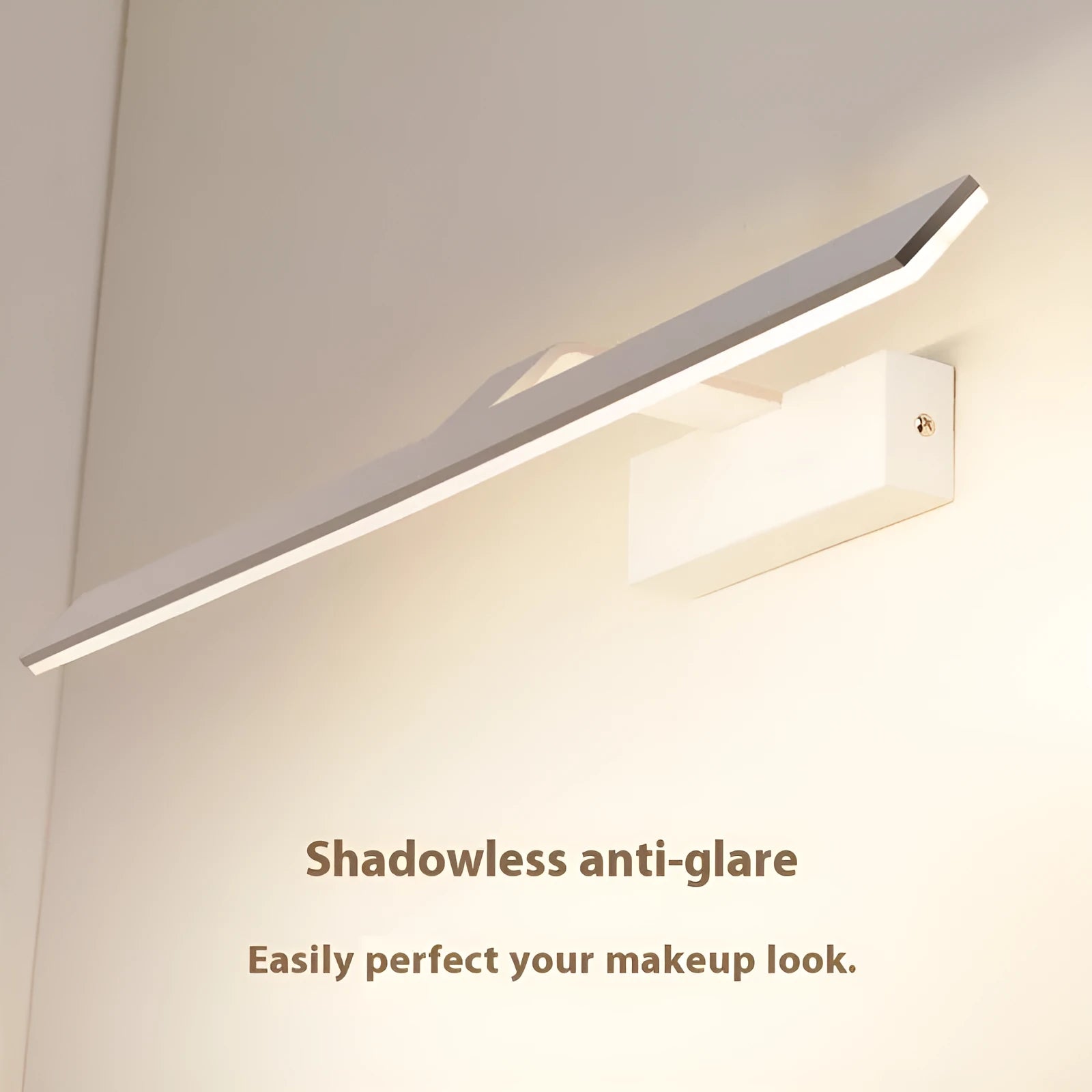 White frameless LED mirror headlight for bathroom vanity with tri-colour dimmable lighting.