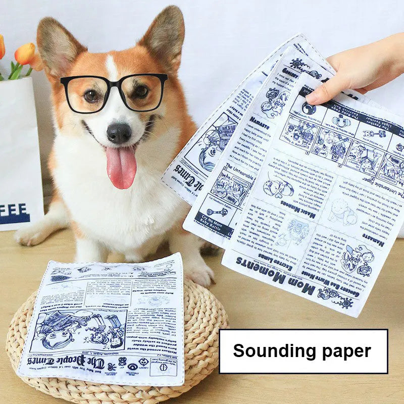 Tear-resistant dog toy with newspaper design and squeaker for interactive pet play