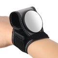 Black nylon cycling wrist rear-view mirror showing strap attachment and mirror positioning