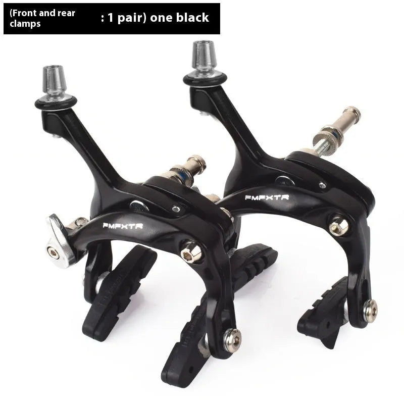 Black and silver U-shaped metal bicycle brake clamps with mounting screws for road bike installation.