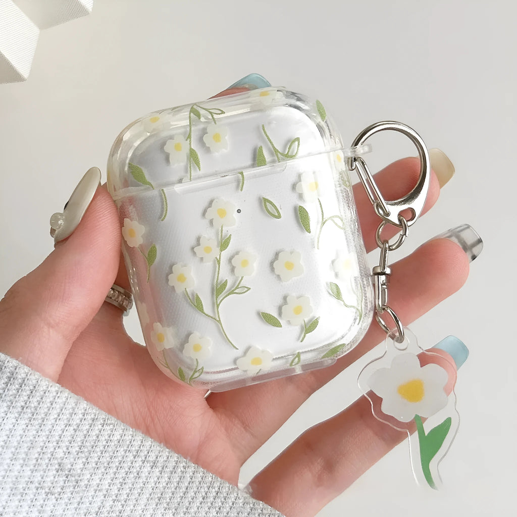 White floral patterned transparent TPU protective case for Apple AirPods headphones