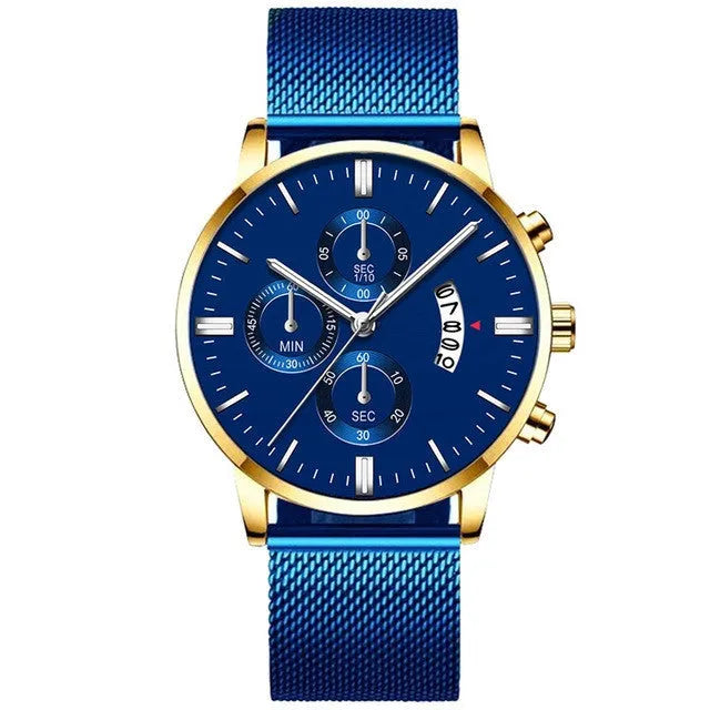 Men's stainless steel mesh band quartz watch with analogue display and two-tone colour options