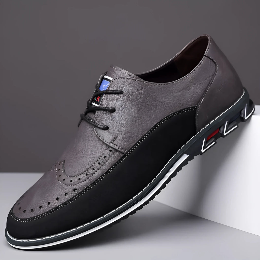 Men's leather slip-on casual shoes in black, gray, khaki and orange colours with low-top design