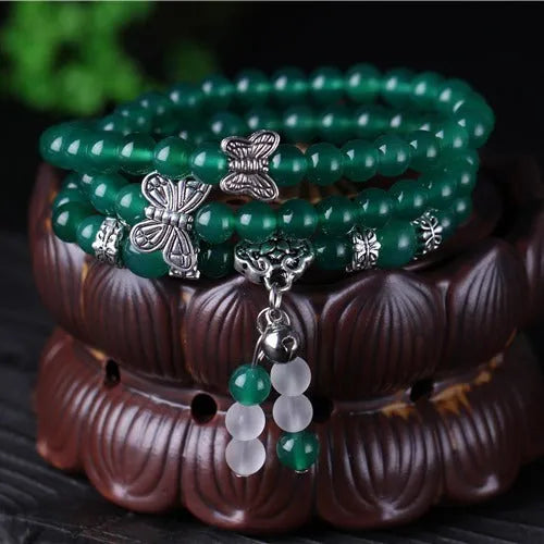 Green agate multi-layer women's bracelet with three circles of 6mm beads