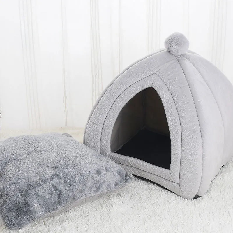 Gray soft plush tent cat bed with cushion for small dogs and cats, 47x47x53cm size