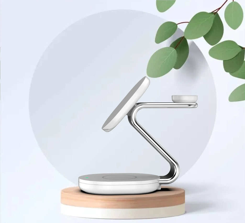 White plastic three-in-one magnetic wireless charger with indication function and USB interface