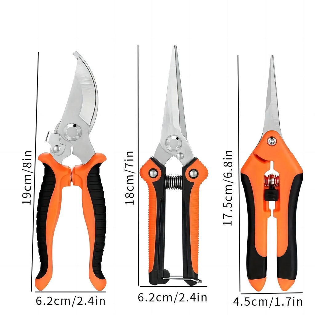 Set of three stainless steel pruning shears in yellow and orange with straight heads on white background