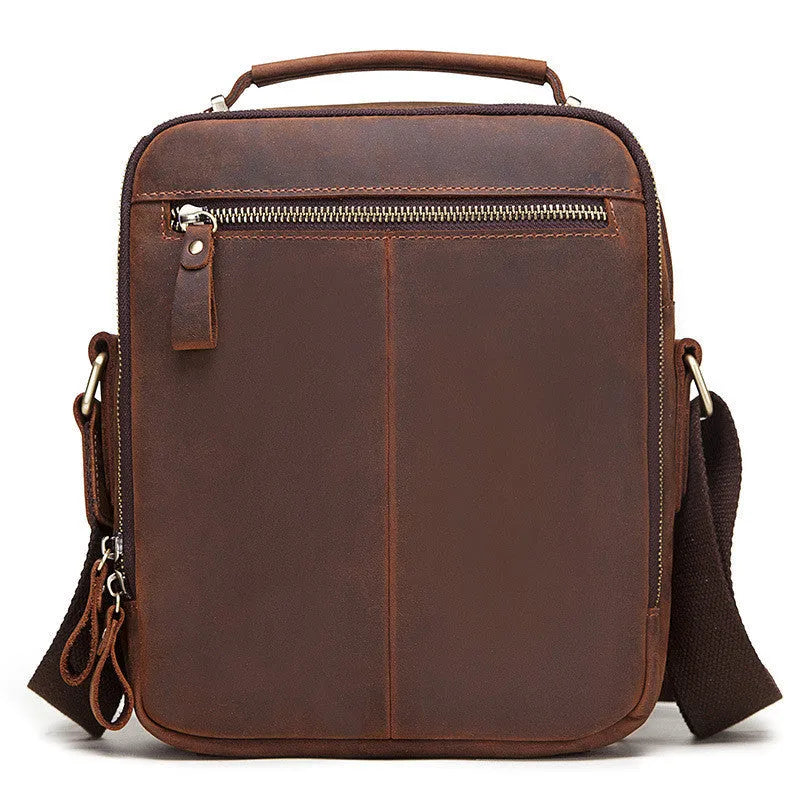 Men's brown crazy horse leather crossbody bag with single shoulder strap and sewing line details