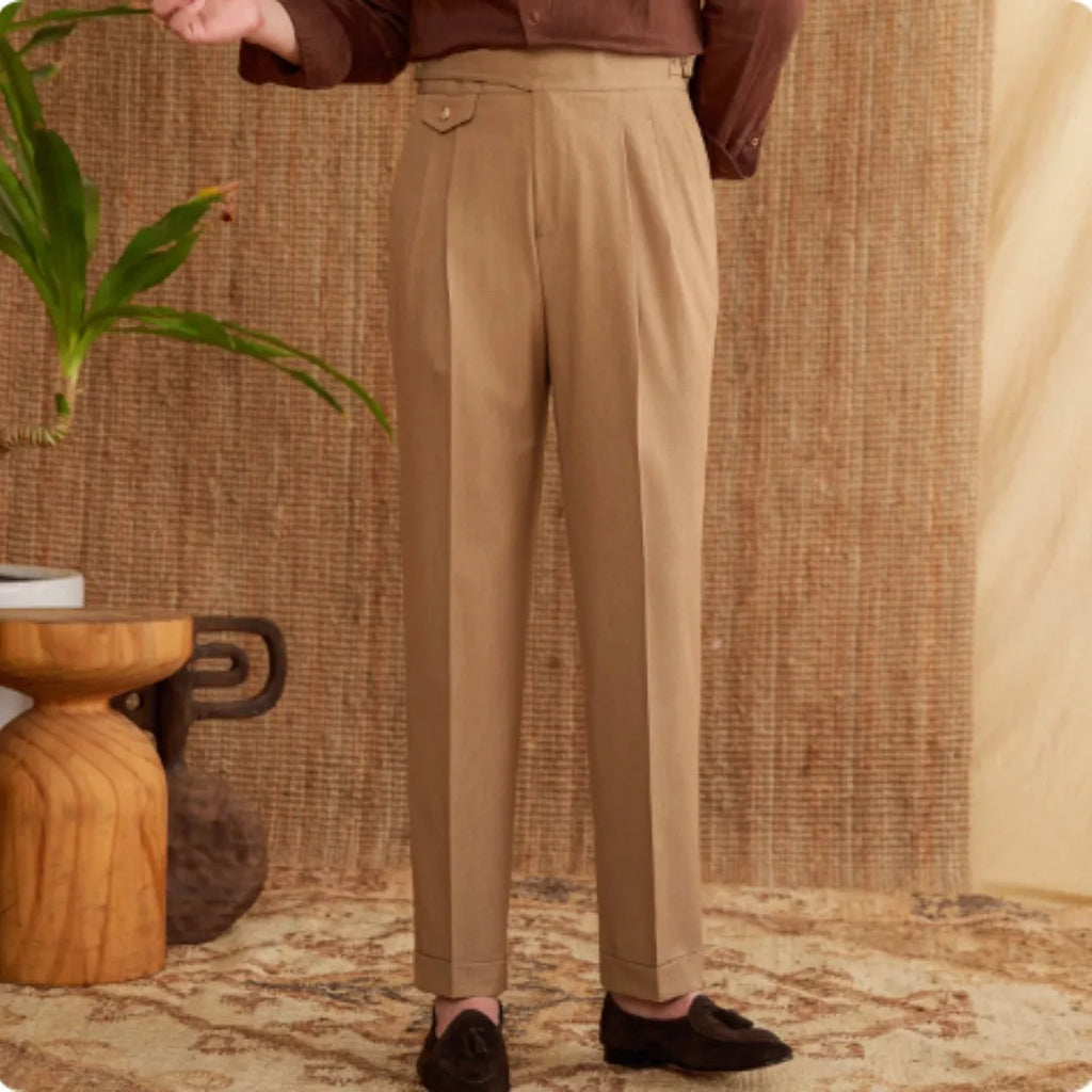 Men's slim fit straight leg business trousers in wrinkle-resistant polyester fabric.