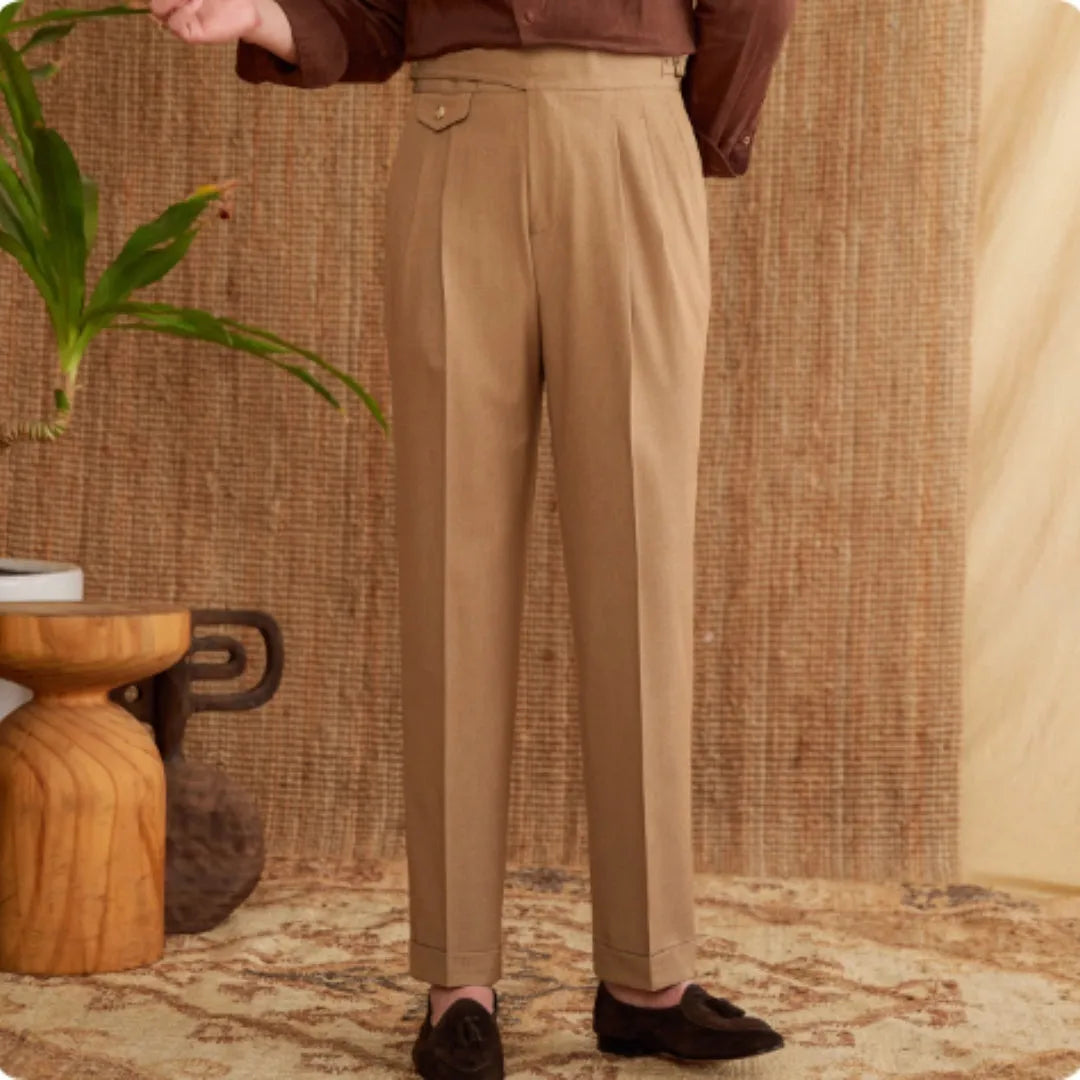 Men's slim fit straight leg business trousers in wrinkle-resistant polyester fabric.