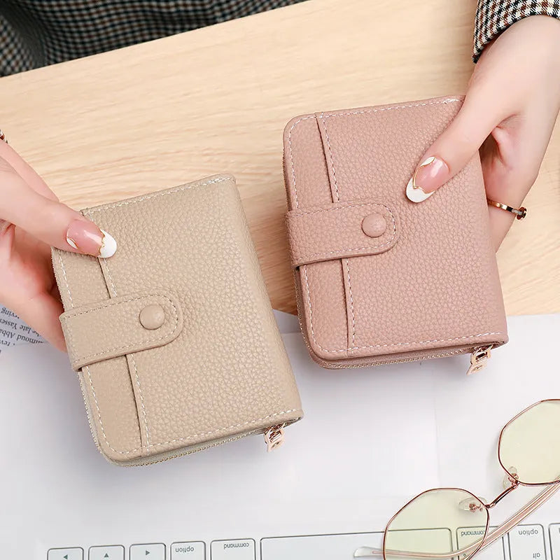 Beige lychee pattern pu ladies short bifold wallet shown open and closed.