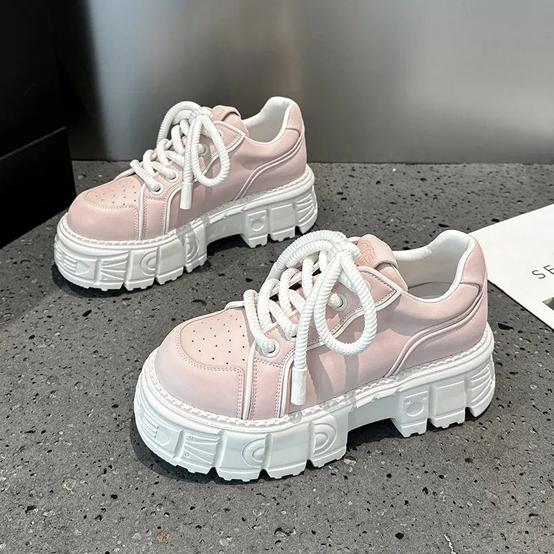 Beige and pink leather casual shoes with muffin bottom design and rubber foam soles