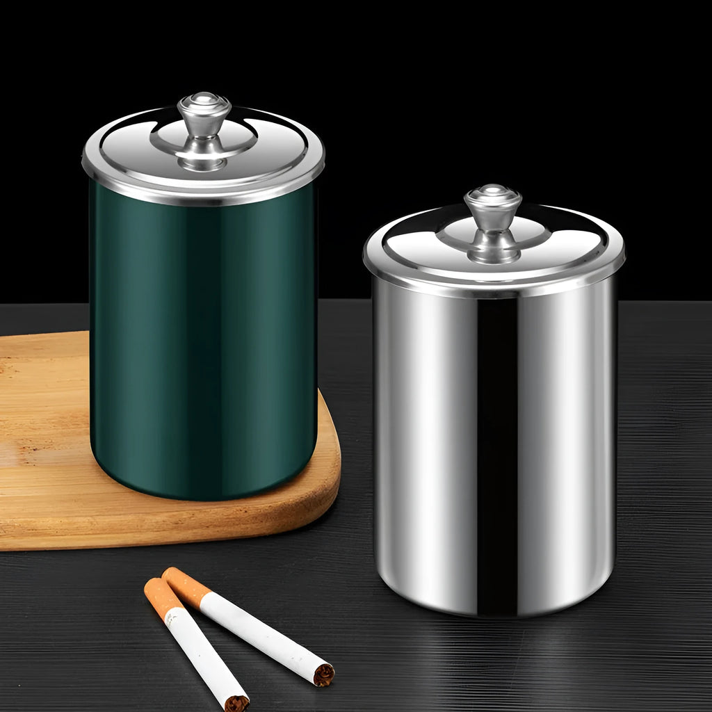 Stainless steel fly ash ashtray with cover in 7.5*9.5cm size with funnel and smoke button