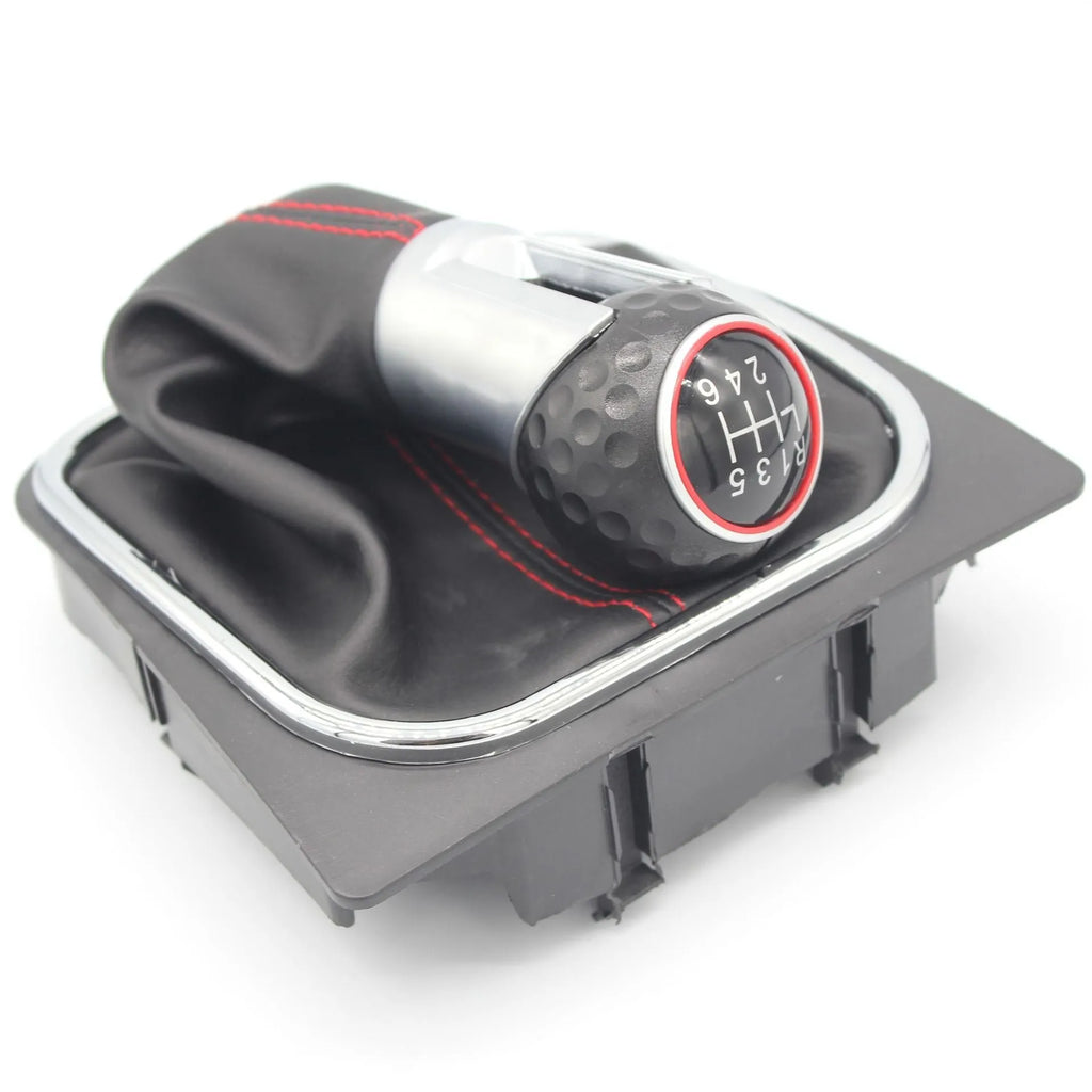 Black leather gear shift knob and dust boot handball for Volkswagen Golf manual transmission.