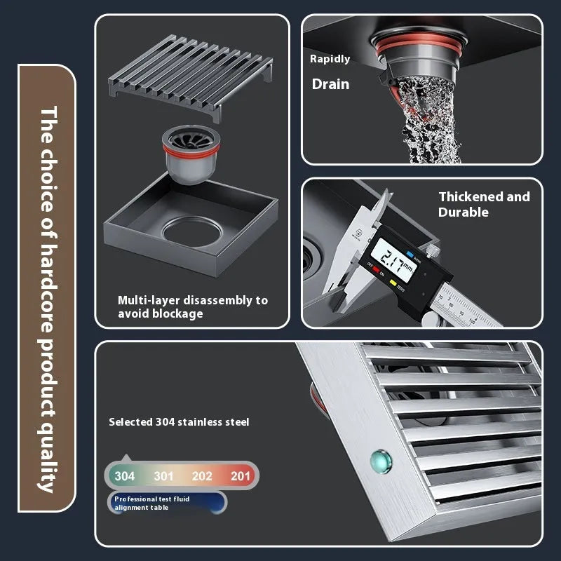 Gun grey 15cm square 304 stainless steel courtyard deodorant floor drain with visible ABS plastic core