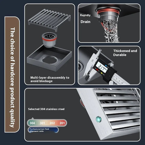 Gun grey 15cm square 304 stainless steel courtyard deodorant floor drain with visible ABS plastic core