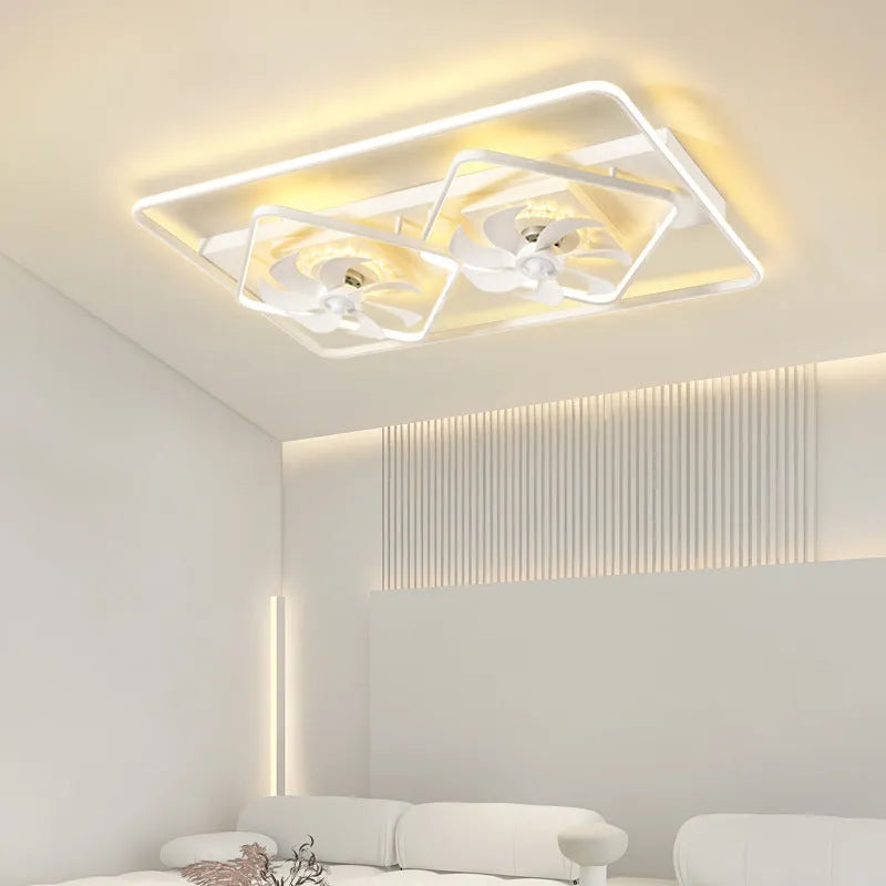 Modern ceiling fan light with plastic blades and acrylic lampshade showing thin suction mounting profile