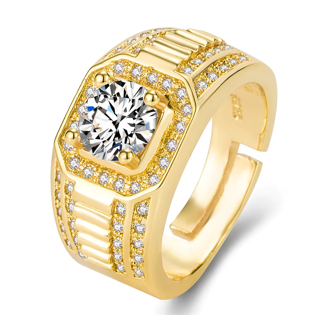 Men's large square diamond ring with adjustable opening in gold colour