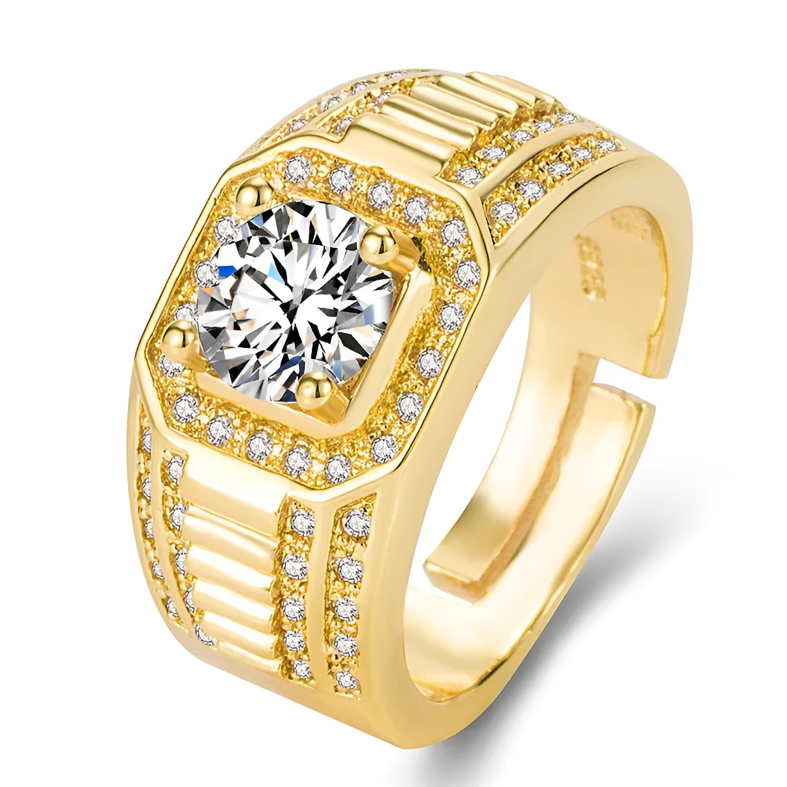 Men's large square diamond ring with adjustable opening in gold colour