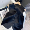 Black satin ladies sleeveless vest with loose fit and normal 50cm length