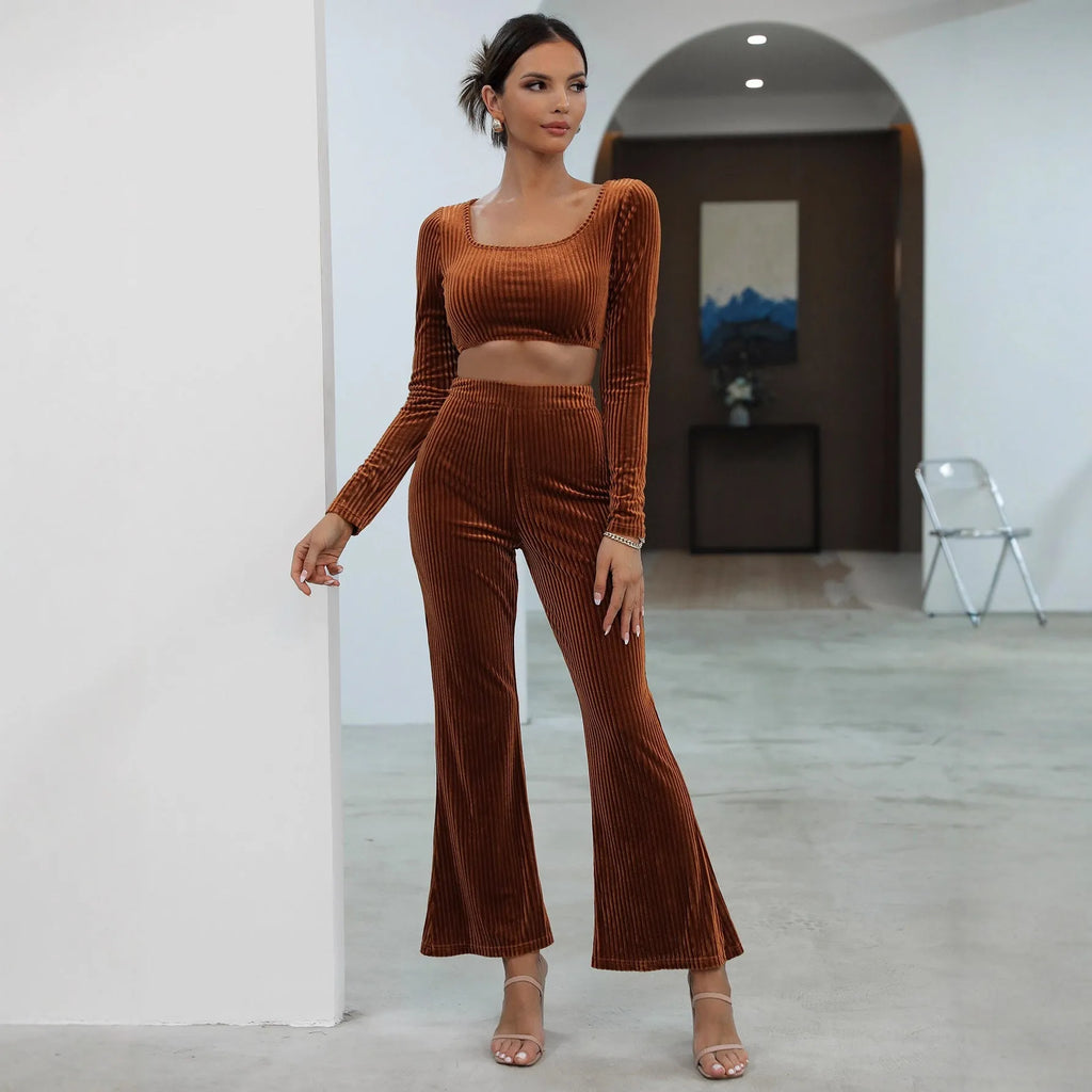 Caramel-coloured women's long sleeve sweater and trousers casual set on a hanger.