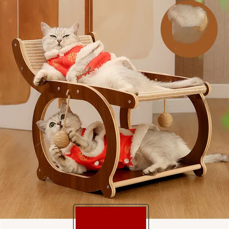 Solid wood base sisal scratching mat for cats in walnut colour on a wooden floor.
