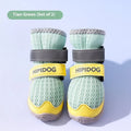 Blue and green cartoon-style breathable dog shoes for summer on a white background.