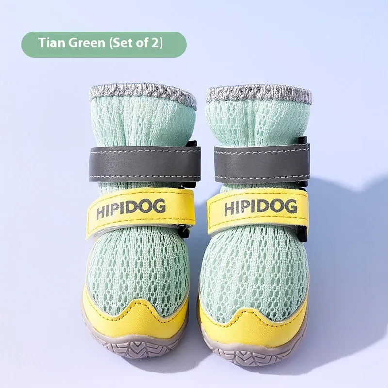 Blue and green cartoon-style breathable dog shoes for summer on a white background.