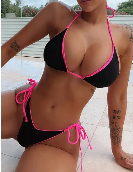 Women's lace-up triangle bikini set with halter neck top and split bottom in polyester fabric