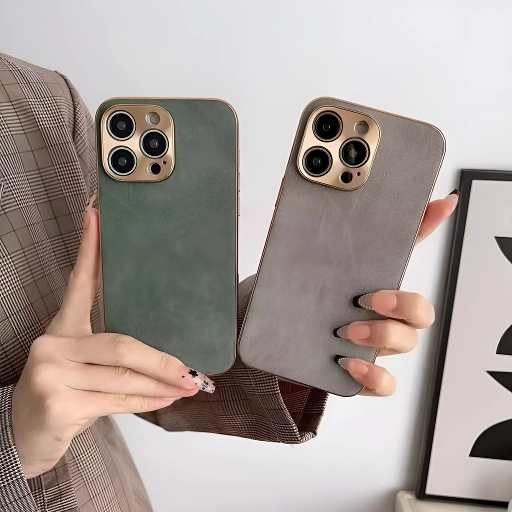Leather-textured TPU phone case for iPhone in grey, black, grey-green, and blue colour options.