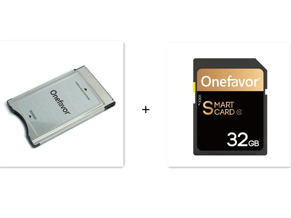 SD to PCMCIA adapter card with stainless steel case for Mercedes-Benz vehicles, includes 32GB SD card.