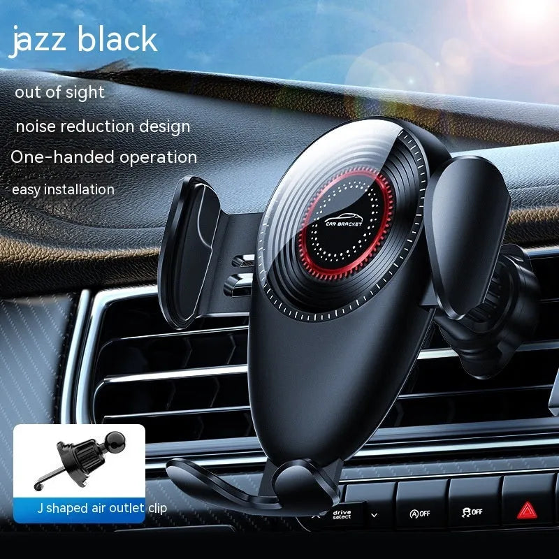 Black universal car phone bracket clipped to car air vent holding smartphone